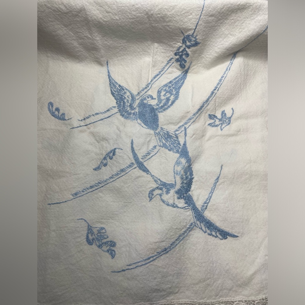 Vintage Hand Embroidered Blue Birds Table Runner White Cotton 38x17 Lace Trim